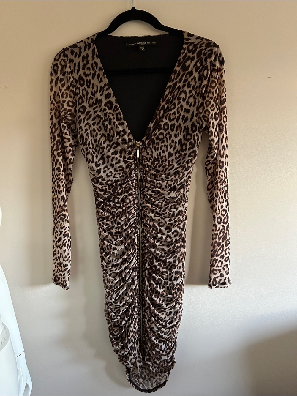 GUESS Leopard Print Ruched Bodycon Mini Dress Sheer Long Sleeve V-Neck, Size M